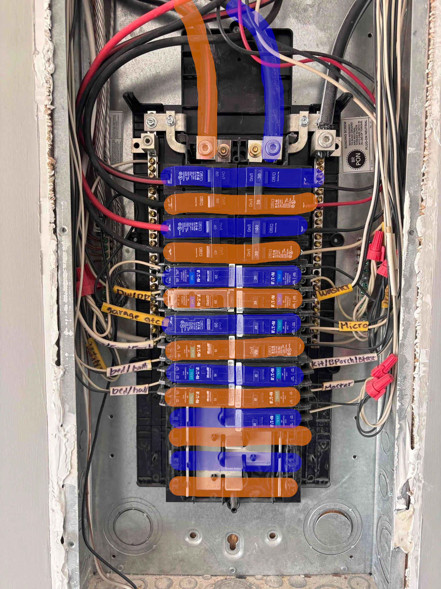 Inside of a panel with the faceplate off, by Dixie2012 on Reddit.com. Color-coded by phase.