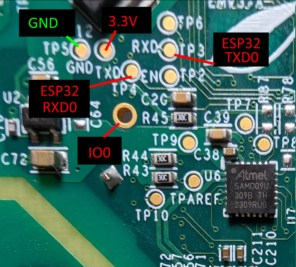 closeup of the debug header pinout