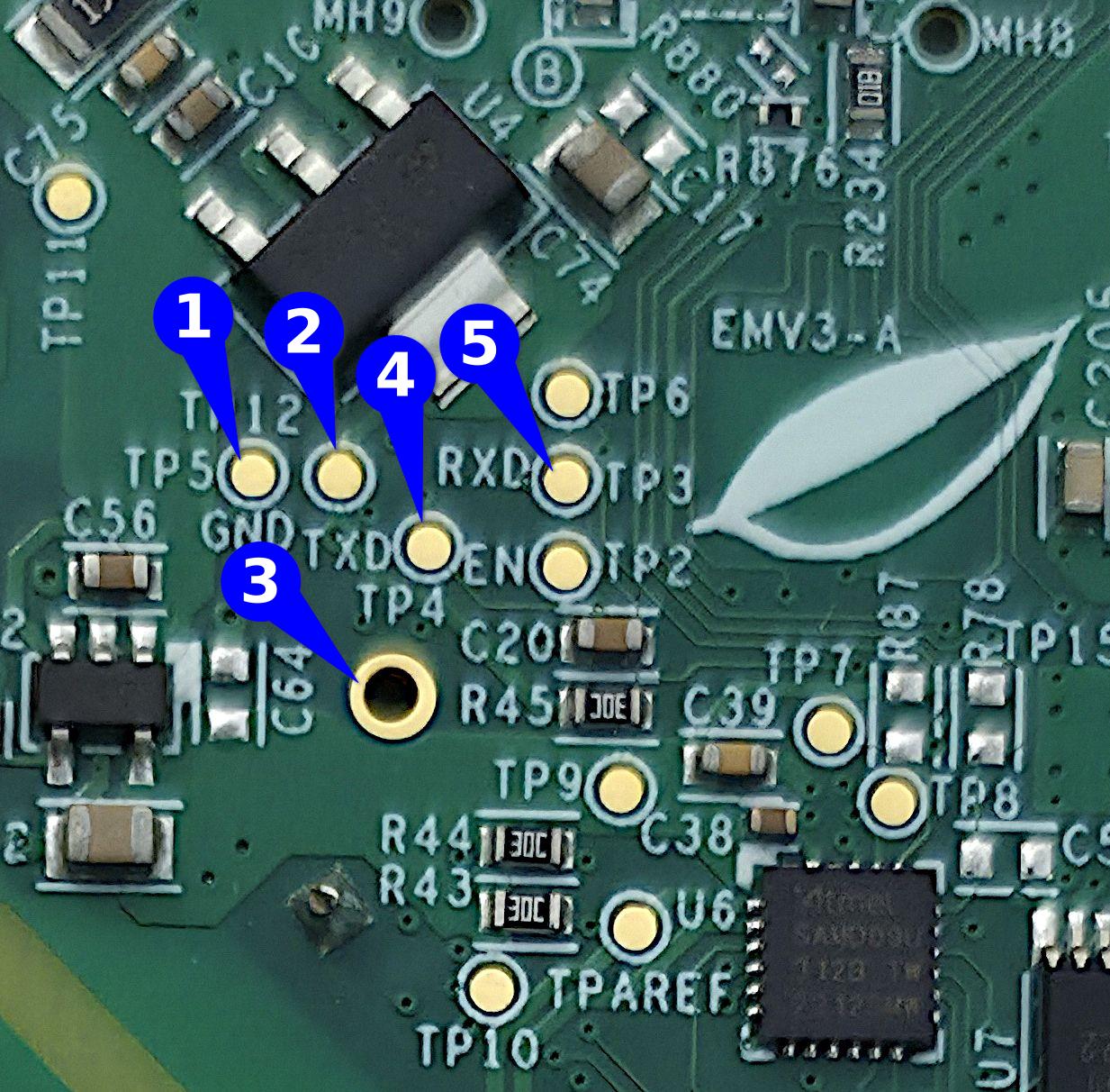 closeup of the debug header pinout